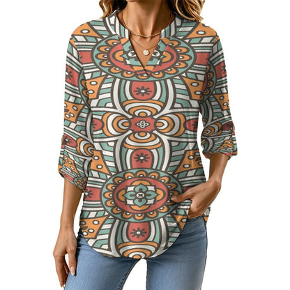 Retro Pattern  Versatile Notched V-Neck Tunic | Roll Tab 3/4 Sleeve Office Casual Top