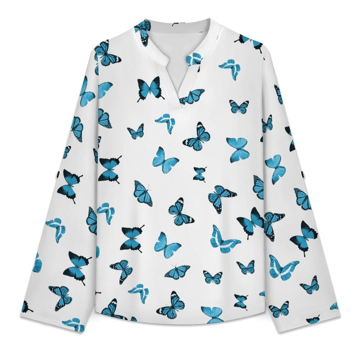 Repeating Pattern, Butterfly, Blue Roll Tab 3/4 Sleeve Notched V Neck Tunic Blouse