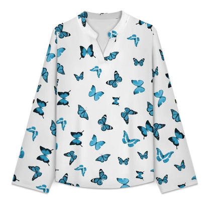 Repeating Pattern, Butterfly, Blue Roll Tab 3/4 Sleeve Notched V Neck Tunic Blouse