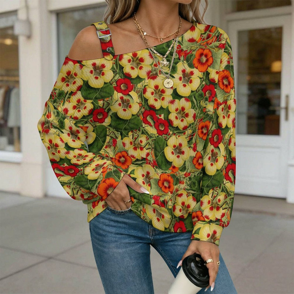 Off-the-shoulder SweaterVintage Flower Pattern Women’s Off-Shoulder Knit Sweater