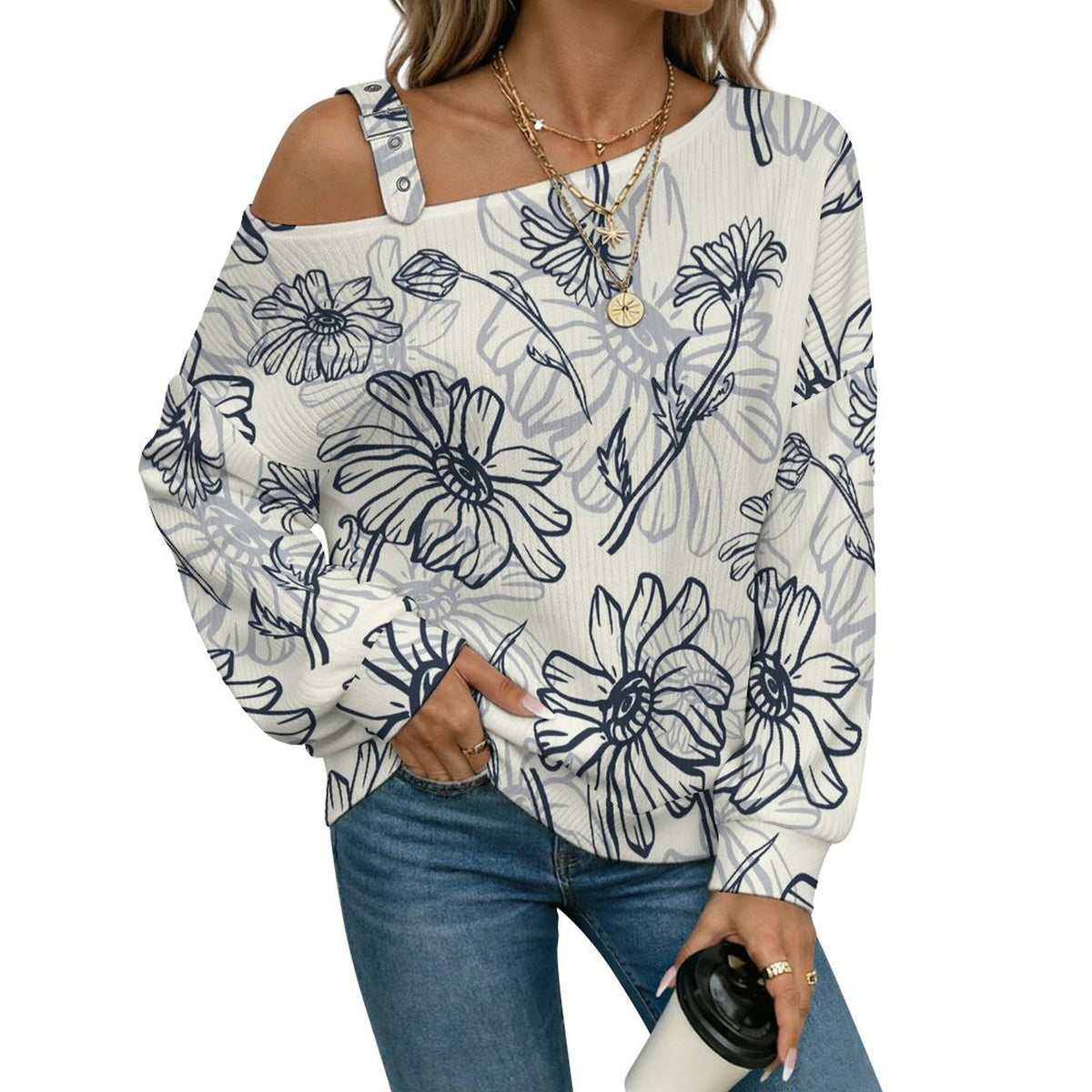 Fall Casual Asymmetric Shoulder Knit Top with Buckle Detail Pattern, Ink