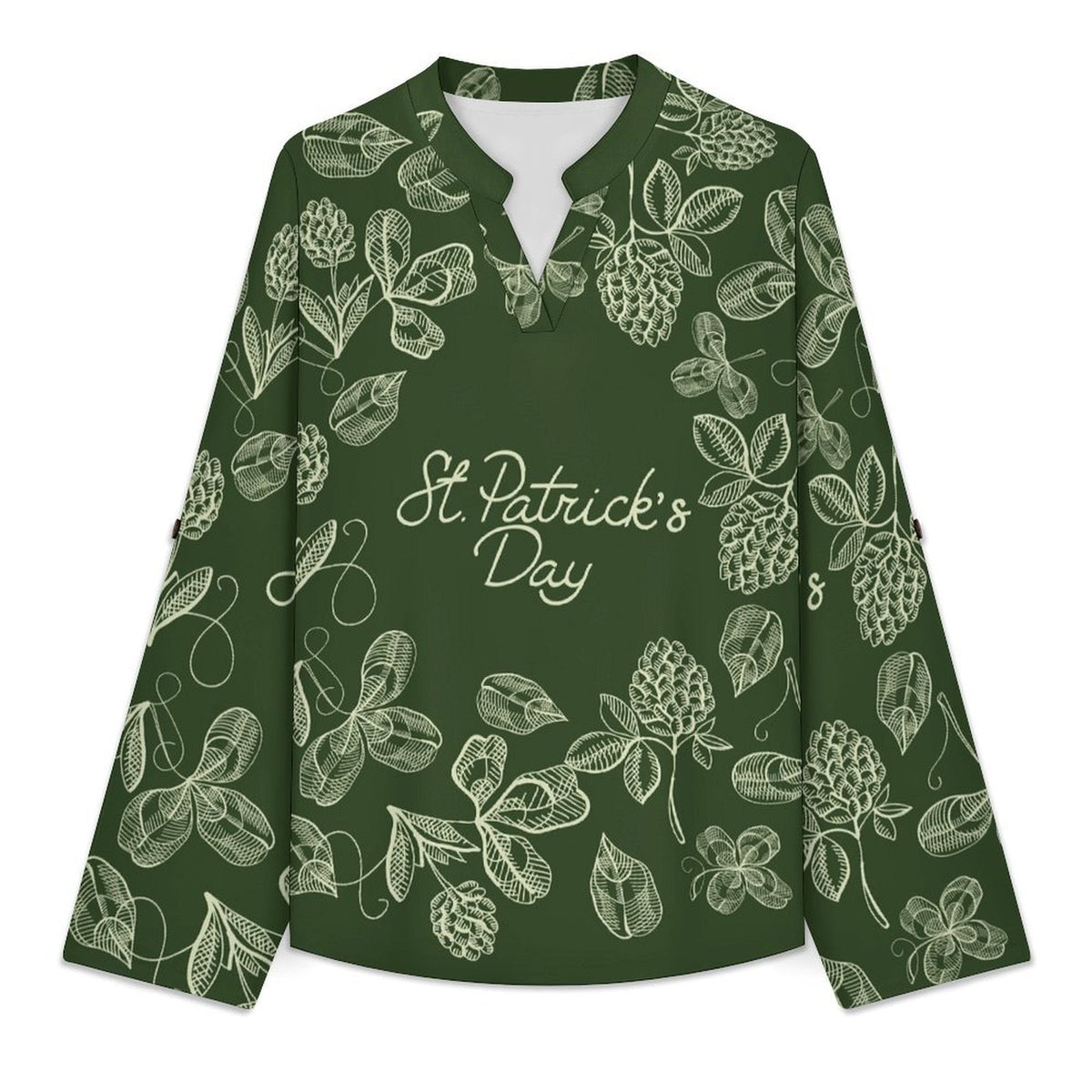 Women Curved Hem V Neck Roll Sleeve Casual Work Top  St. Patrick's Day, Wreath