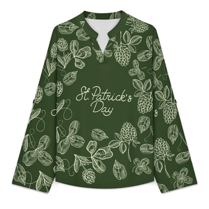 Women Curved Hem V Neck Roll Sleeve Casual Work Top  St. Patrick's Day, Wreath