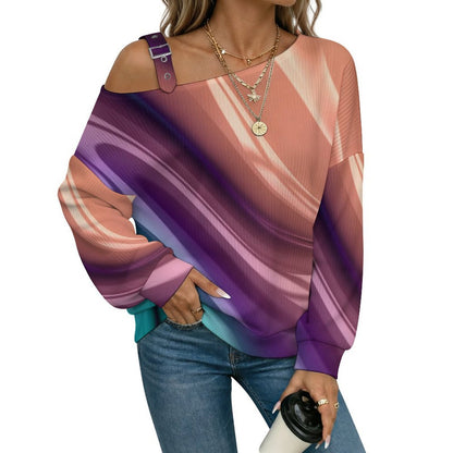 Off-the-shoulder Sweater Long Sleeve Relaxed-Fit Solid PulloverColor Silk Slip Pattern