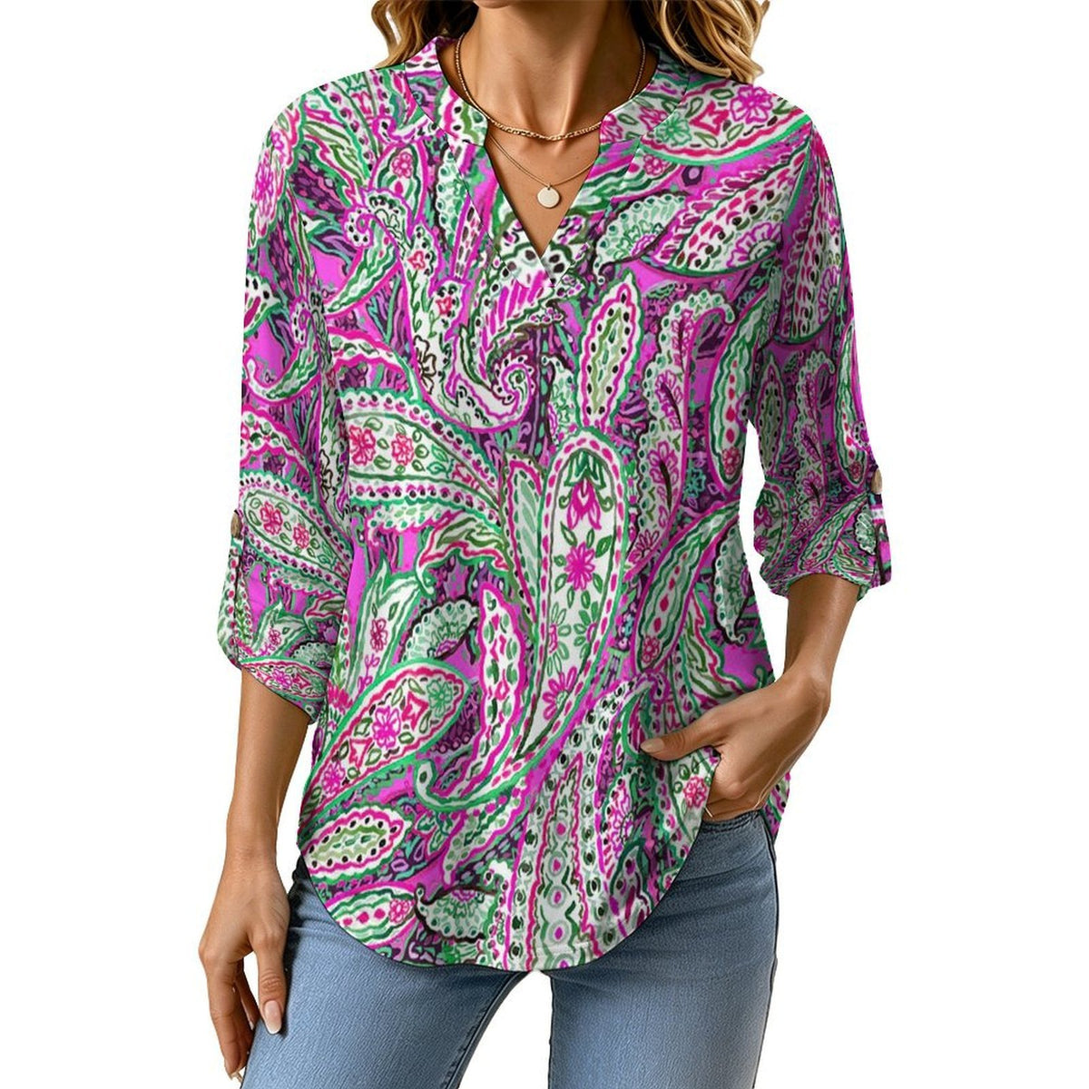 Women's Notched V Neck Tunic Tops, Roll Up 3/4 Sleeve Button Cuff Casual Blouse, Hem Loose Work Shirts Paisley
