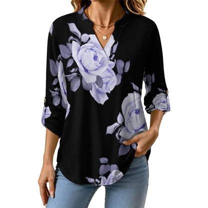 Rose Repeat Tablecloth Curtain  Women Curved Hem V Neck Roll Sleeve Casual Work Top