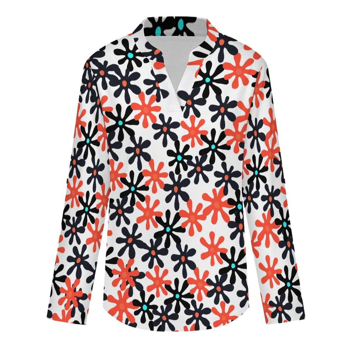 Floral, Repeating Pattern  Versatile Notched V-Neck Tunic | Roll Tab 3/4 Sleeve Office Casual Top