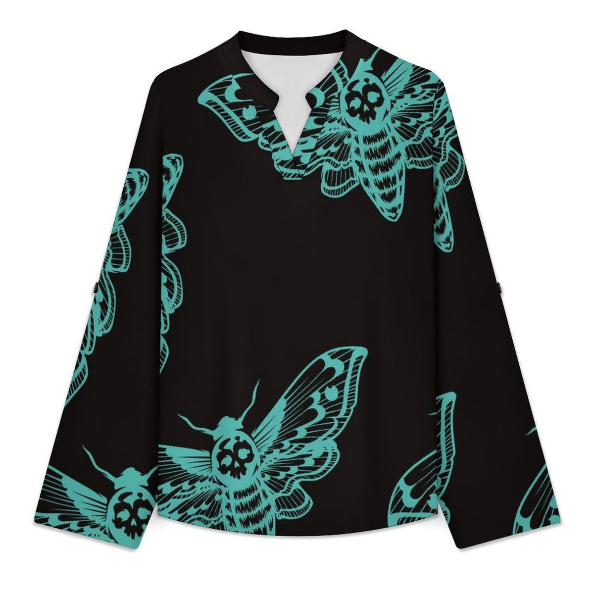 Roll Tab 3/4 Sleeve Notched V Neck Tunic Blouse  Moth - Black - Green - Repeat Pattern - Women's Dress - Hip Wrap Skirt