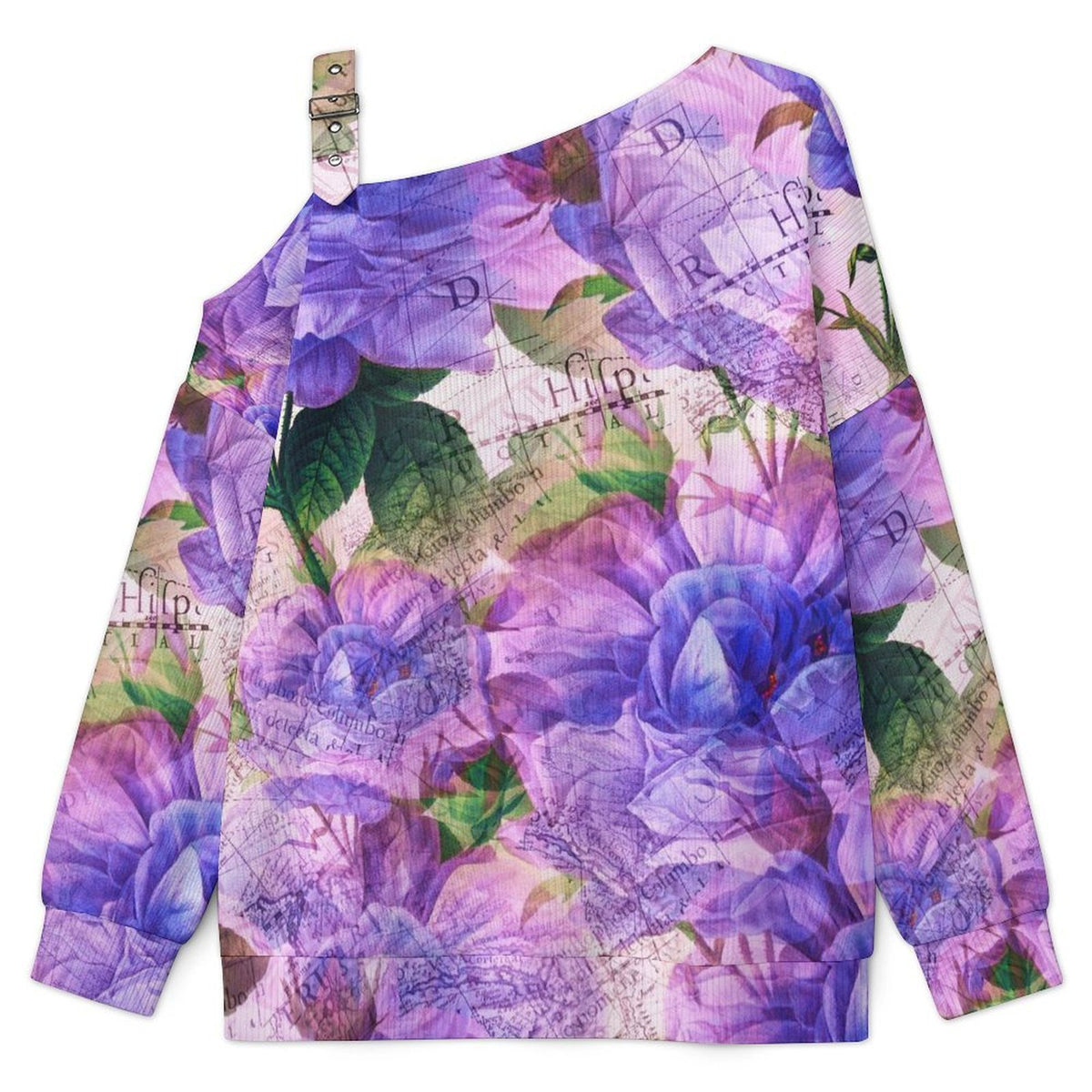 Fall Casual Asymmetric Shoulder Knit Top with Buckle Detail Vintage, Purple Flowers
