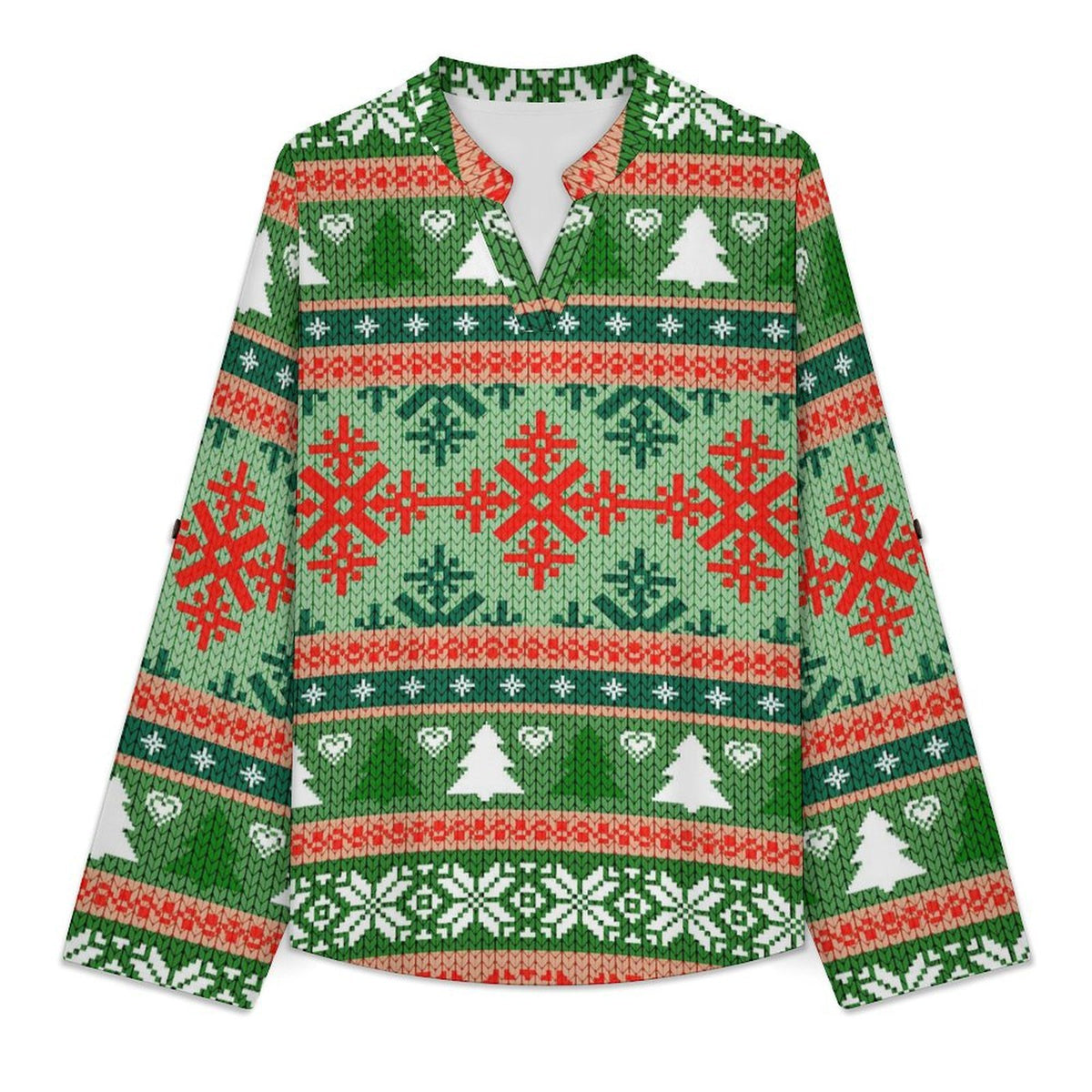 Christmas Texture  Versatile Notched V-Neck Tunic | Roll Tab 3/4 Sleeve Office Casual Top