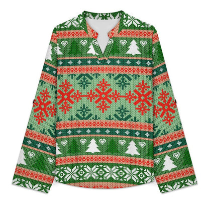 Christmas Texture  Versatile Notched V-Neck Tunic | Roll Tab 3/4 Sleeve Office Casual Top