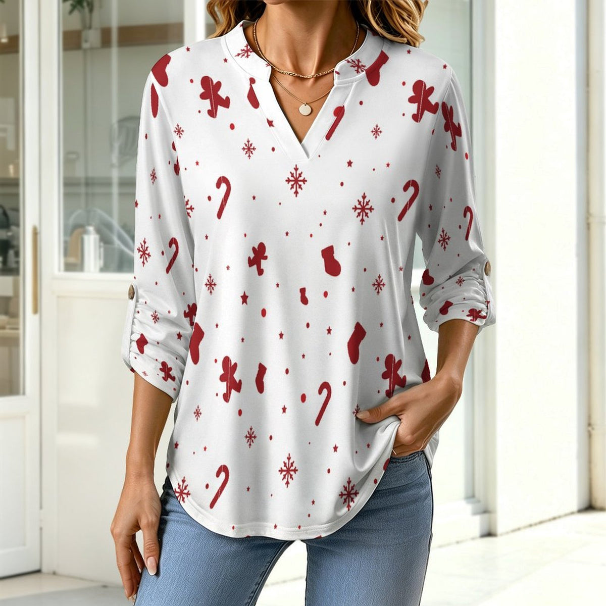 Versatile Notched V-Neck Tunic  Roll Tab 3/4 Sleeve Office Casual Top  Christmas Decorations