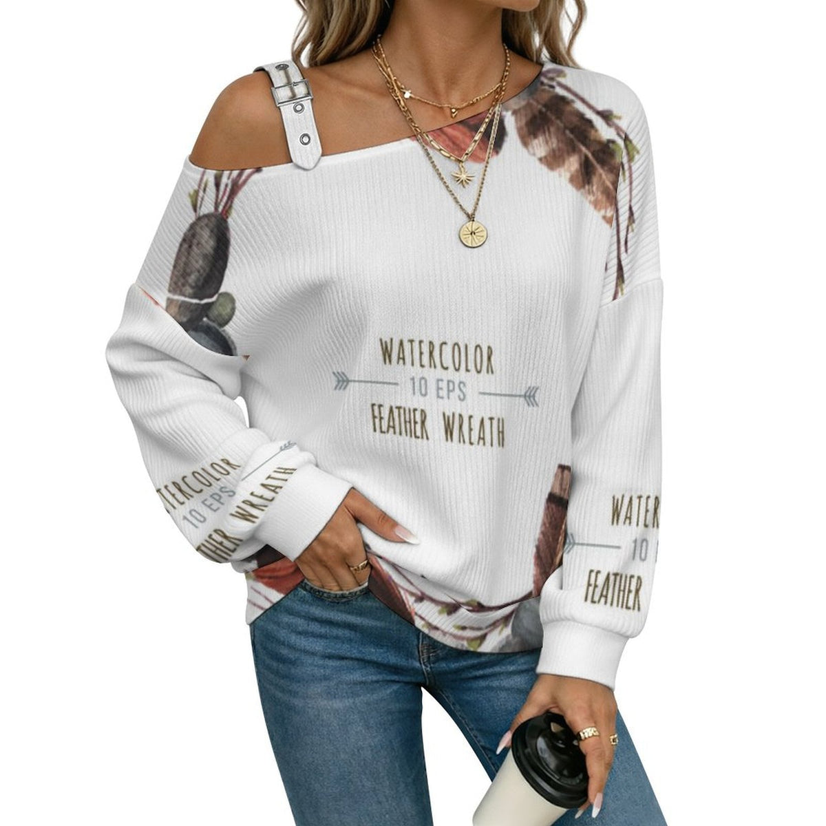 Feathers Fall Casual Asymmetric Shoulder Knit Top with Buckle Detail