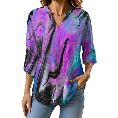 Stand-up Collar Long-sleeved Shirt Flowing Sci-fi Liquid Dazzle white S Women’s V-Neck Blouses