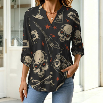 Retro Skull Pattern, Music  Versatile Notched V-Neck Tunic | Roll Tab 3/4 Sleeve Office Casual Top