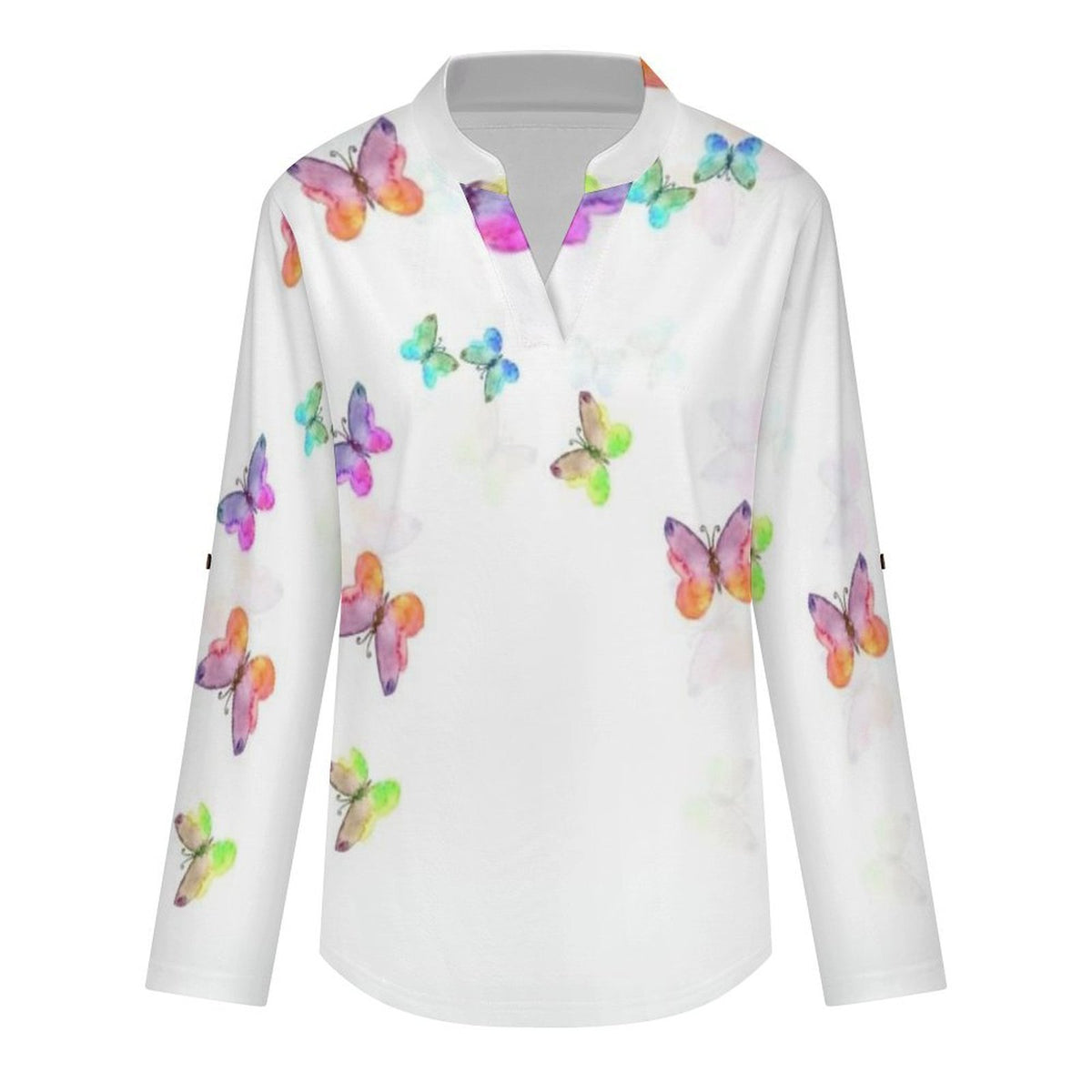 Watercolor Painting, Colored Butterfly Roll Tab 3/4 Sleeve Notched V Neck Tunic Blouse
