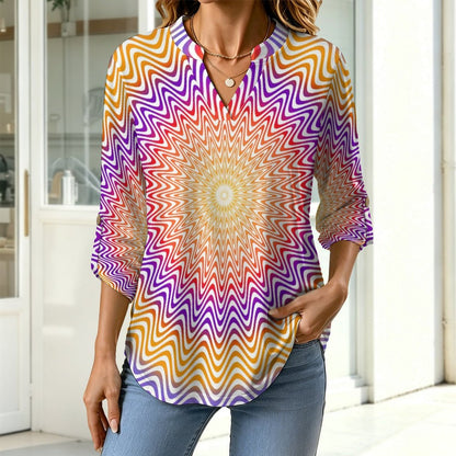 Optical Art  Versatile Notched V-Neck Tunic | Roll Tab 3/4 Sleeve Office Casual Top