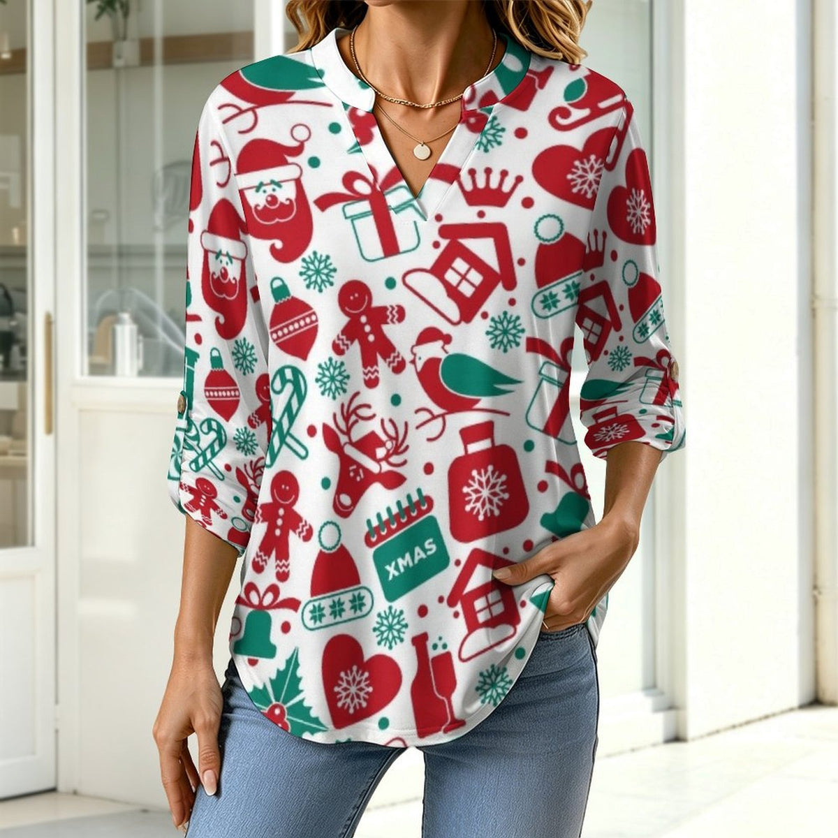 Christmas Pattern  Versatile Notched V-Neck Tunic | Roll Tab 3/4 Sleeve Office Casual Top