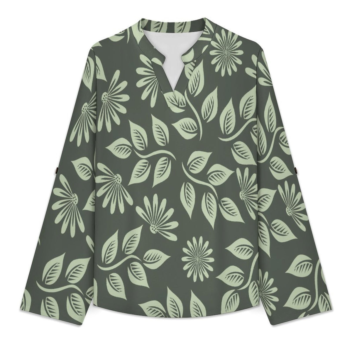 Green Sunflower Leaves  Versatile Notched V-Neck Tunic | Roll Tab 3/4 Sleeve Office Casual Top