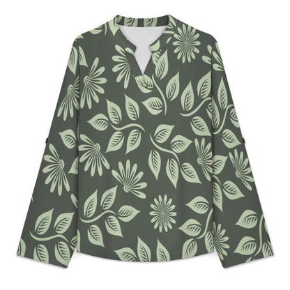 Green Sunflower Leaves  Versatile Notched V-Neck Tunic | Roll Tab 3/4 Sleeve Office Casual Top