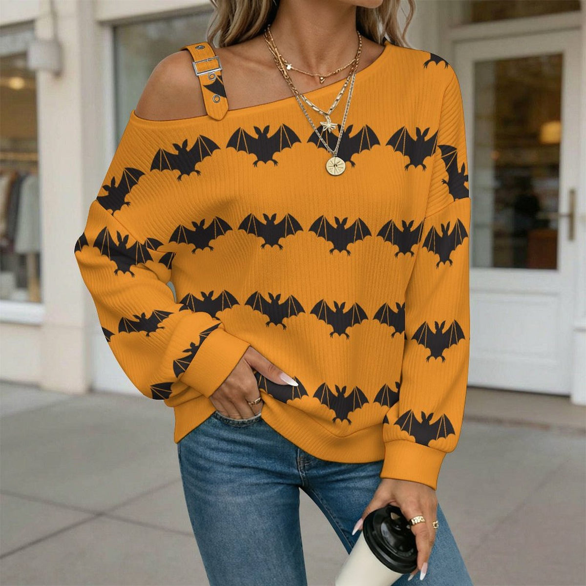 Yellow, Bat Background Fall Casual Asymmetric Shoulder Knit Top with Buckle Detail