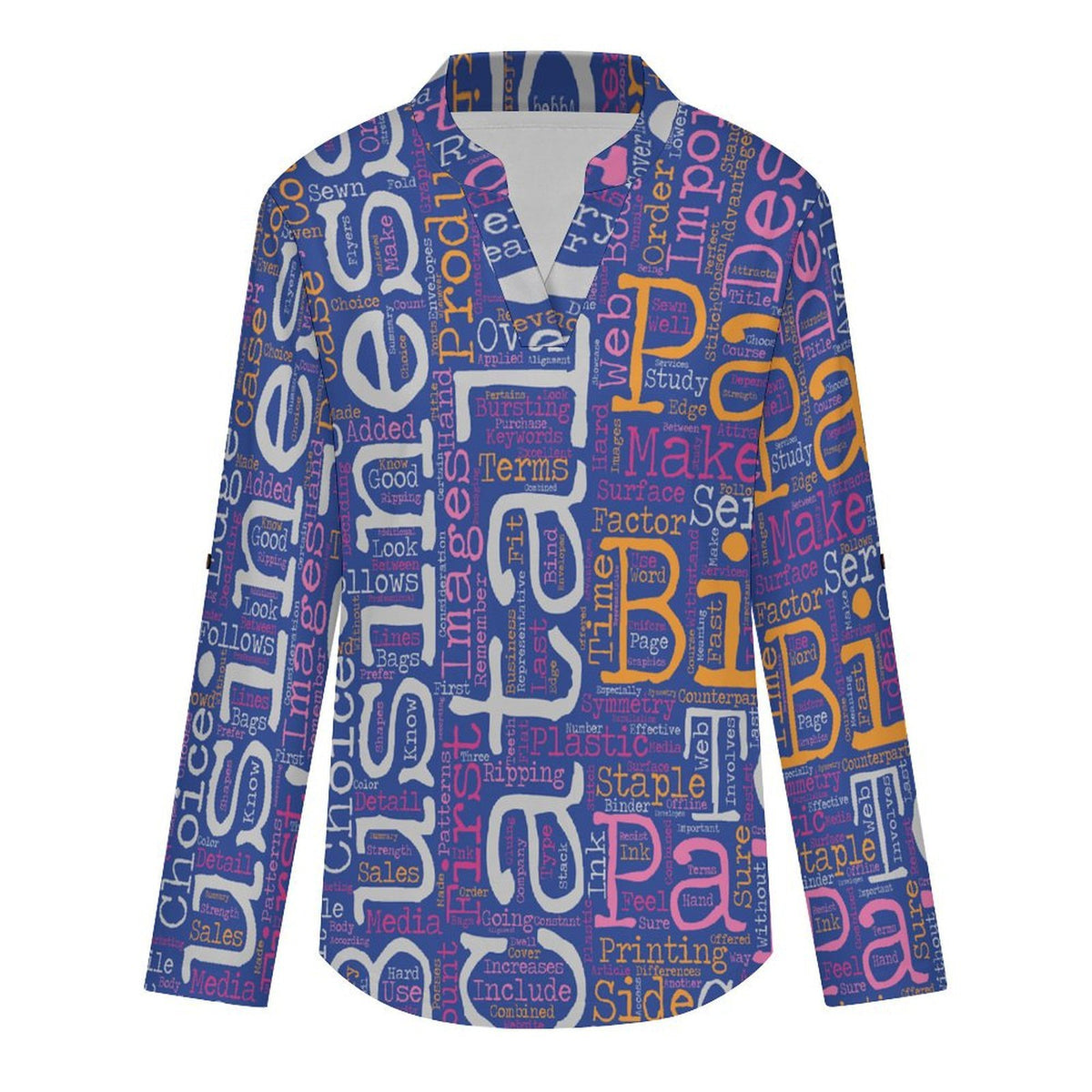 Roll Tab 3/4 Sleeve Notched V Neck Tunic Blouse  English Newspaper