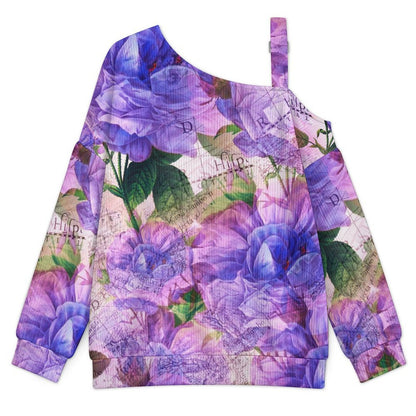 Fall Casual Asymmetric Shoulder Knit Top with Buckle Detail Vintage, Purple Flowers