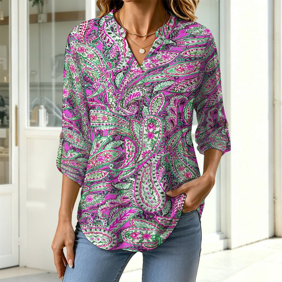 Women Curved Hem V Neck Roll Sleeve Casual Work Top  Paisley