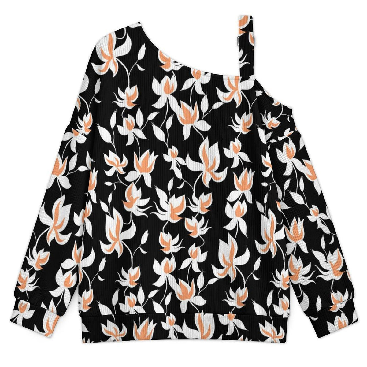 Fall Casual Asymmetric Shoulder Knit Top with Buckle Detail Flower Pattern Repeat