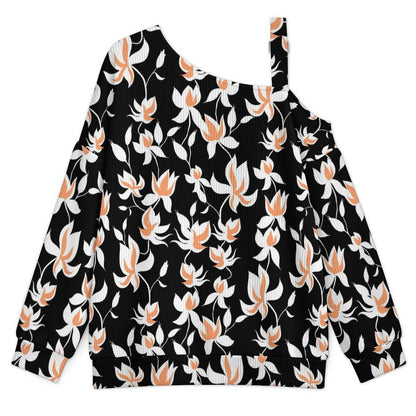 Fall Casual Asymmetric Shoulder Knit Top with Buckle Detail Flower Pattern Repeat