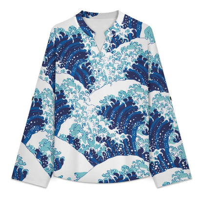 Chinese Wind, Wave  Versatile Notched V-Neck Tunic | Roll Tab 3/4 Sleeve Office Casual Top