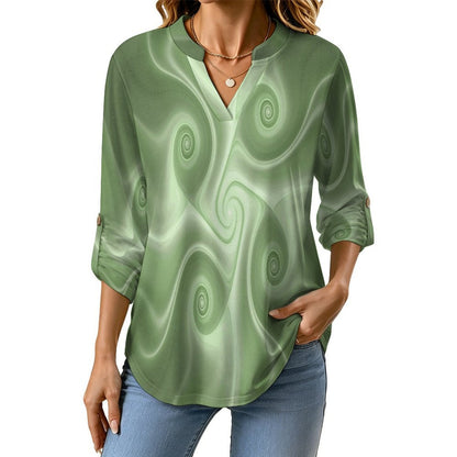 Green, Background, Abstract  Versatile Notched V-Neck Tunic | Roll Tab 3/4 Sleeve Office Casual Top
