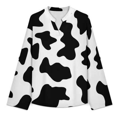 Versatile Notched V-Neck Tunic | Roll Tab 3/4 Sleeve Office Casual Top  Black And White, Cow Pattern