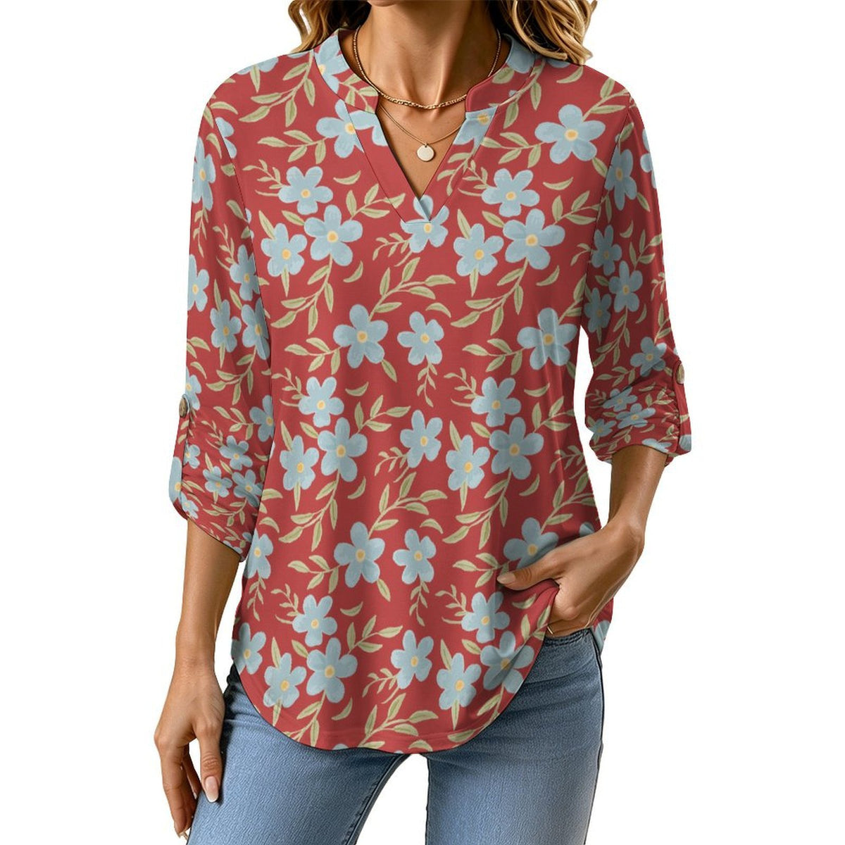 Versatile Notched V-Neck Tunic | Roll Tab 3/4 Sleeve Office Casual Top  Floral Repeat Pattern Skirt for Women