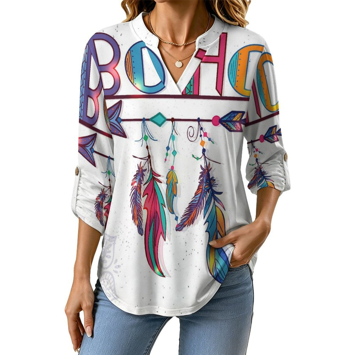 Versatile Notched V-Neck Tunic | Roll Tab 3/4 Sleeve Office Casual Top  Boho Style