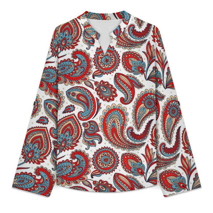 Paisley  Versatile Notched V-Neck Tunic | Roll Tab 3/4 Sleeve Office Casual Top