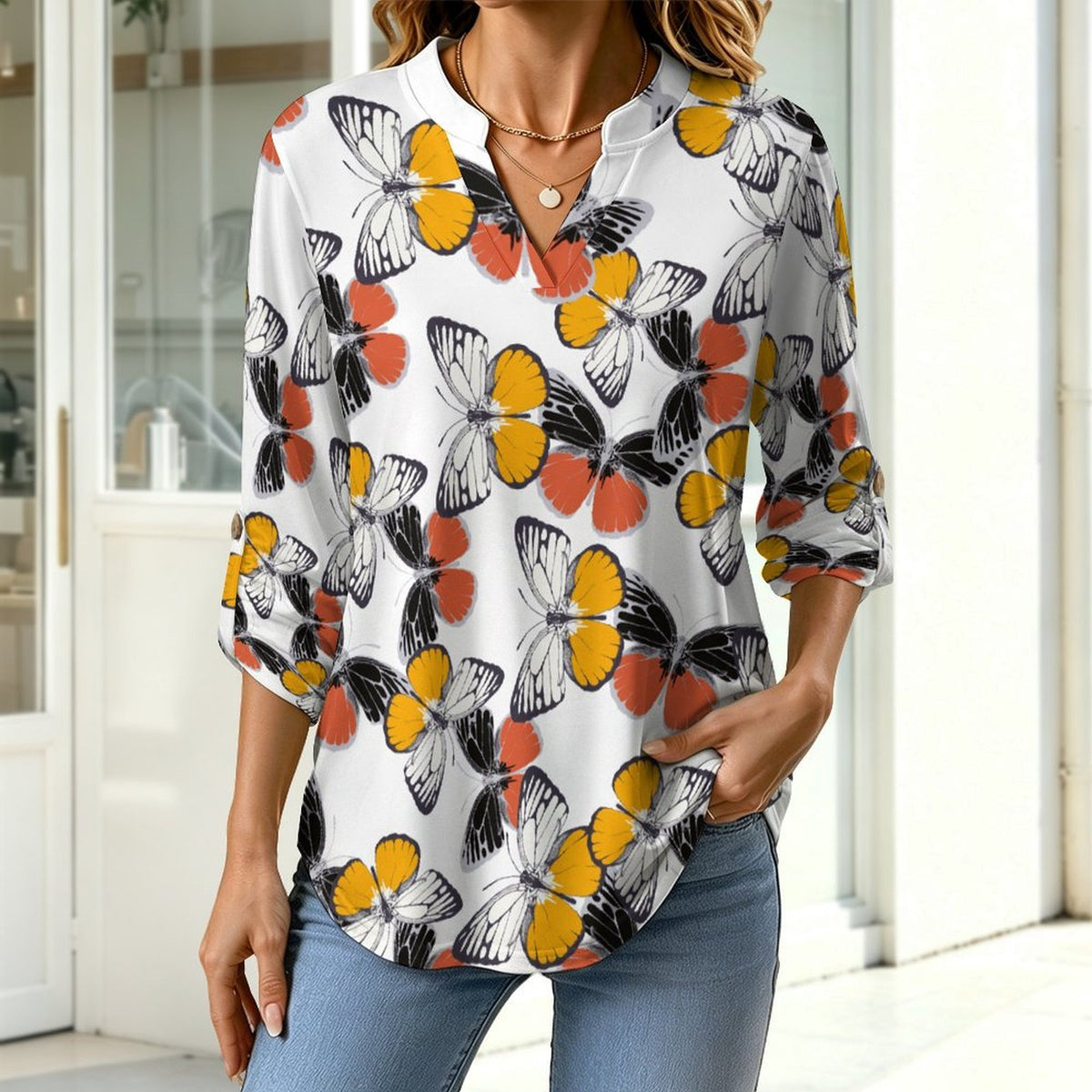 Women's Notched V Neck Tunic Tops, Roll Up 3/4 Sleeve Button Cuff Casual Blouse, Hem Loose Work Shirts  Butterfly, Repeating Pattern