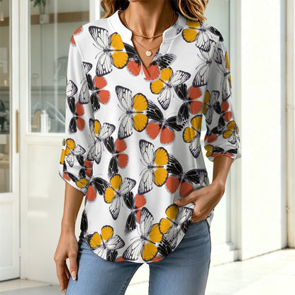 Women's Notched V Neck Tunic Tops, Roll Up 3/4 Sleeve Button Cuff Casual Blouse, Hem Loose Work Shirts  Butterfly, Repeating Pattern