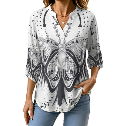 Women's Notched V Neck Tunic Tops, Roll Up 3/4 Sleeve Button Cuff Casual Blouse, Hem Loose Work Shirts  Butterfly, Galaxy