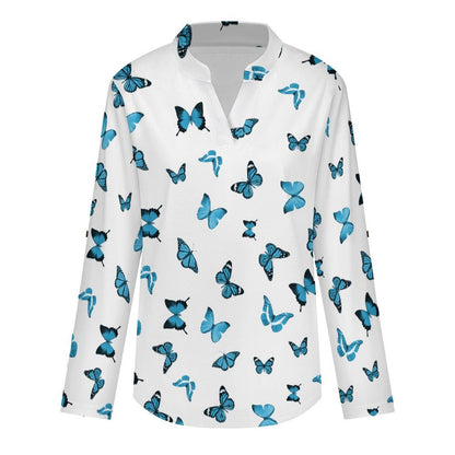 Repeating Pattern, Butterfly, Blue Roll Tab 3/4 Sleeve Notched V Neck Tunic Blouse