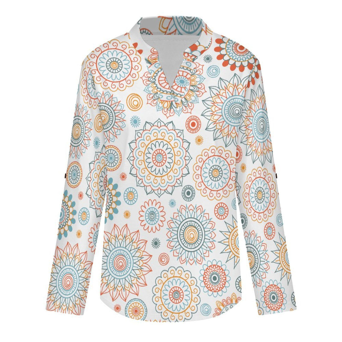 Repetitive Pattern  Versatile Notched V-Neck Tunic | Roll Tab 3/4 Sleeve Office Casual Top