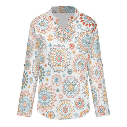 Repetitive Pattern  Versatile Notched V-Neck Tunic | Roll Tab 3/4 Sleeve Office Casual Top