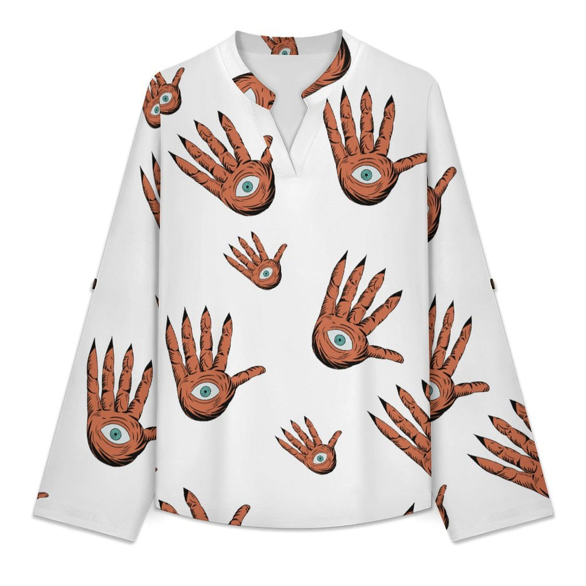 Versatile Notched V-Neck Tunic  Roll Tab 3/4 Sleeve Office Casual Top  Hands, Halloween, Repeating Pattern