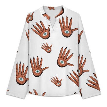 Versatile Notched V-Neck Tunic  Roll Tab 3/4 Sleeve Office Casual Top  Hands, Halloween, Repeating Pattern