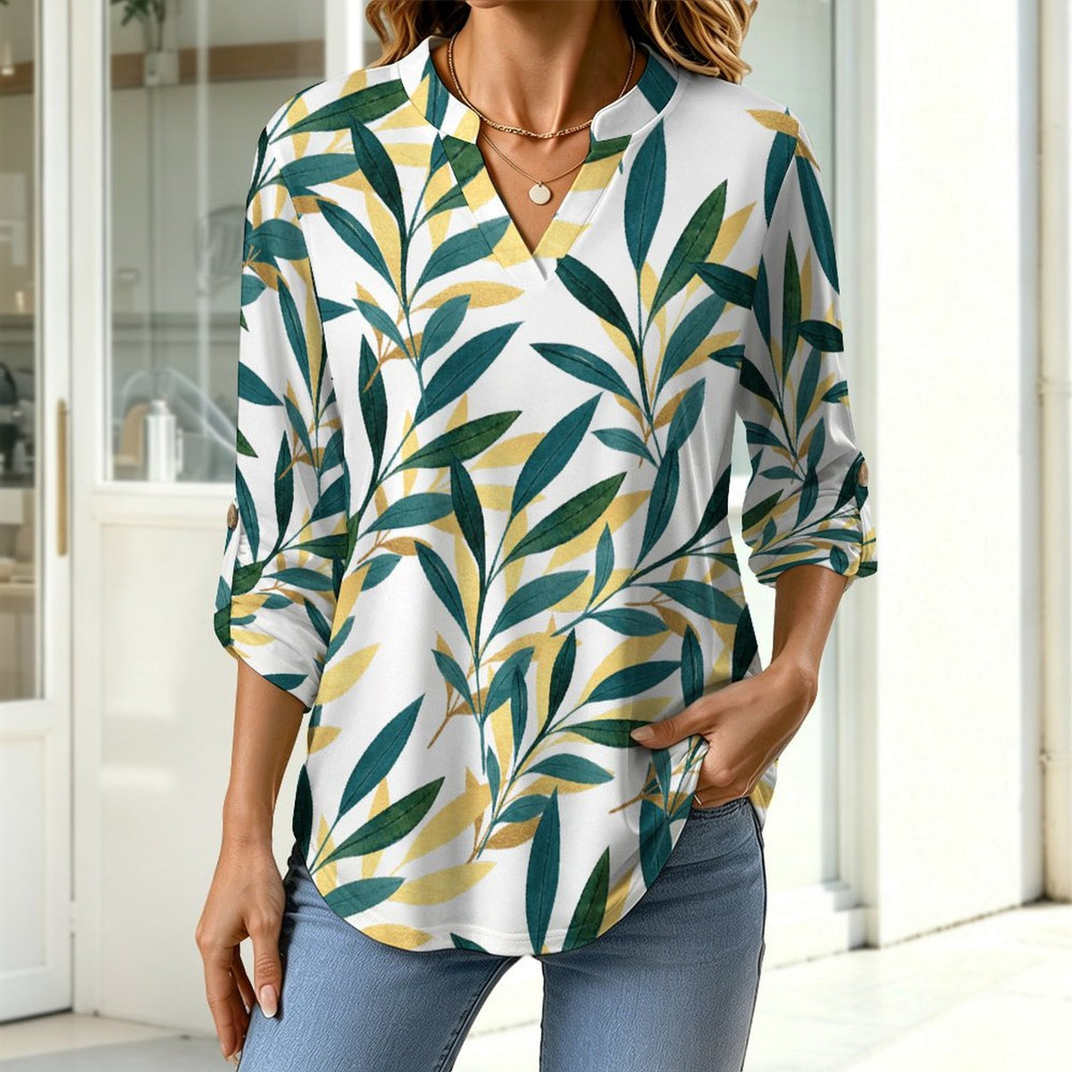 Stand-up Collar Long-sleeved Shirt Leaves, Gold, Repeating Pattern white S Women’s V-Neck Blouses