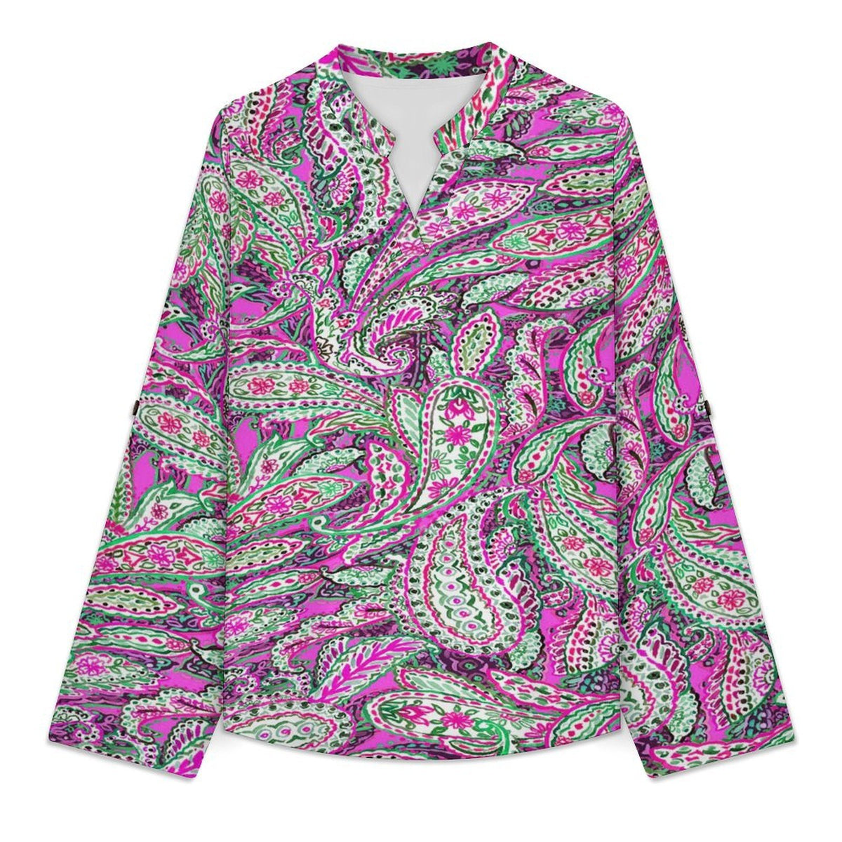 Women Curved Hem V Neck Roll Sleeve Casual Work Top  Paisley