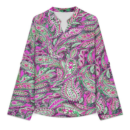 Women Curved Hem V Neck Roll Sleeve Casual Work Top  Paisley