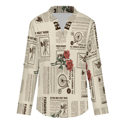 Yellow Newspaper  Red Rose Roll Tab 3/4 Sleeve Notched V Neck Tunic Blouse