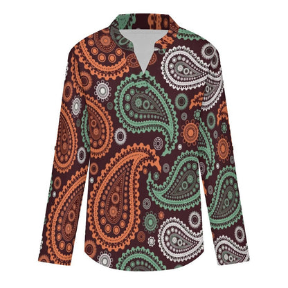 Paisley  Women Curved Hem V Neck Roll Sleeve Casual Work Top