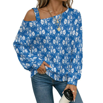 Off-the-shoulder SweaterBlue, Flower Pattern Women’s Off-Shoulder Knit Sweater